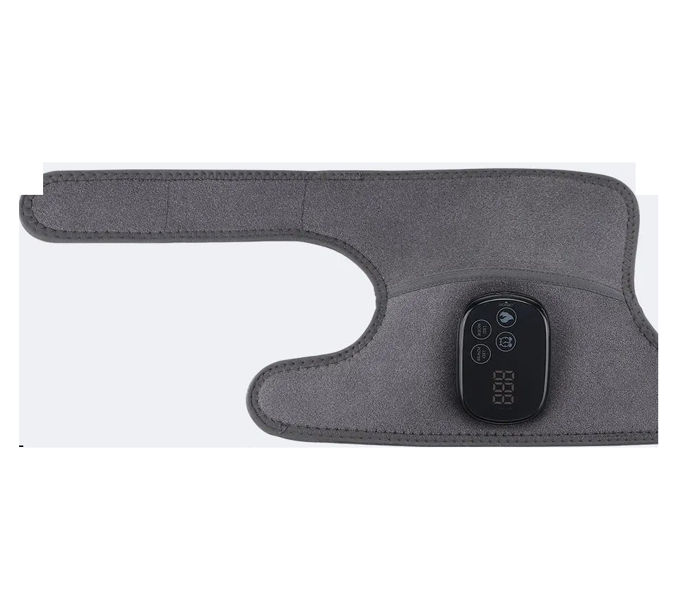 GlowKnee wrap laid flat — adjustable velcro straps, extension straps included